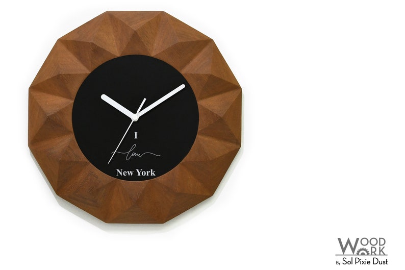 NYC Wood Carved 3D Vergina Sun Clock Travel Souvenir Gift Idea Solid Wood Wall Mount Clock Fiber Laser Engrave I Love New York