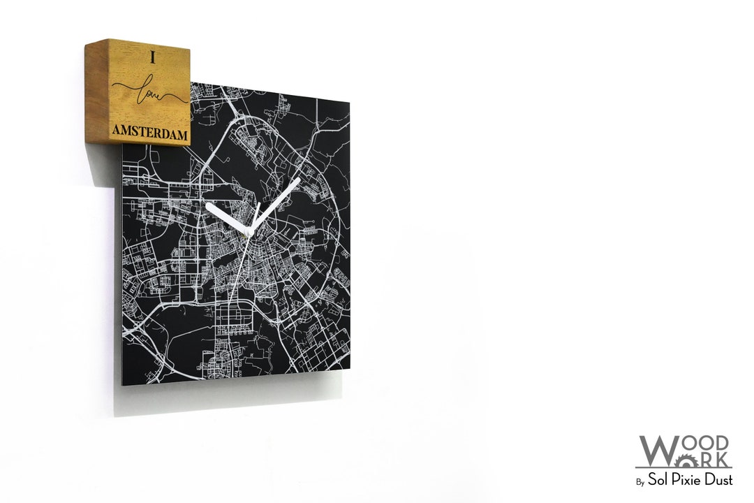 Reloj de pared de aluminio negro cuadrado moderno Grabado con láser  Montaje en pared Me encanta el arte de la pared de Ámsterdam Regalo de 