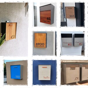 May include: A collage of different mailbox designs with various house numbers and addresses. The mailboxes are made of wood, metal, and a combination of both. Some mailboxes have a modern design, while others have a more traditional look.