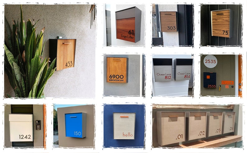 May include: A collage of different mailbox designs with various house numbers and addresses. The mailboxes are made of wood, metal, and a combination of both. Some mailboxes have a modern design, while others have a more traditional look.
