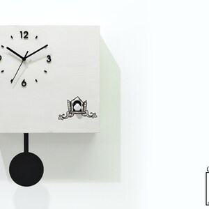 Modern Cuckoo Bird Time Box Clock - White Chalk Laser Engrave - Wall Mount Pendulum Clock - Contemporary Deco - Charming Cuckoo - Stylish