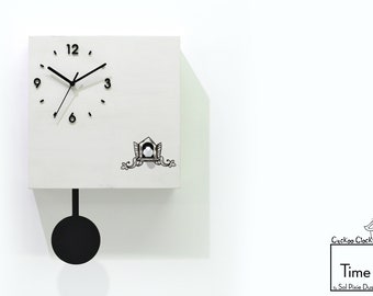 Modern Cuckoo Bird Time Box Clock - White Chalk Laser Engrave - Wall Mount Pendulum Clock - Contemporary Deco - Charming Cuckoo - Stylish