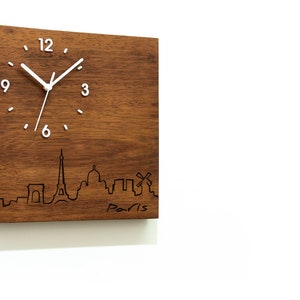 Solid Wood Wall Clock - Paris France Skyline - Wood Laser Engraved - Massive Wood Iroko - African Teak - Contemporary Wall Mounted Clock