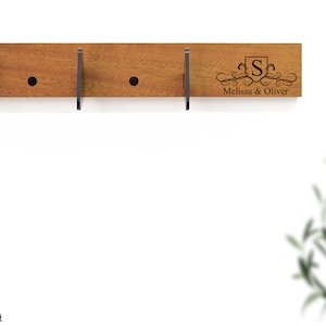 Wall Mount Wooden Hook Rack - Personalized Laser Engraving - Wall Hook - Clothing Hanger - Coat Rack - Anniversary - Couple Name - Initials