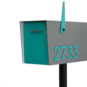 Contemporary Post Mounted Mailbox, Aluminum Metallic Gray Body and Ocean Green Door and Number, Modern Design Custom Mailbox Mailnest Type 4 image 4