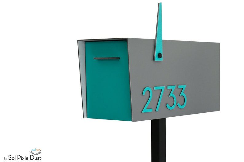 Contemporary Post Mounted Mailbox, Aluminum Metallic Gray Body and Ocean Green Door and Number, Modern Design Custom Mailbox Mailnest Type 4 image 4