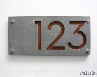 Modern House Numbers, Rectangle Concrete with Marine Plywood - Contemporary Home Address - Sign Plaque - Door Number