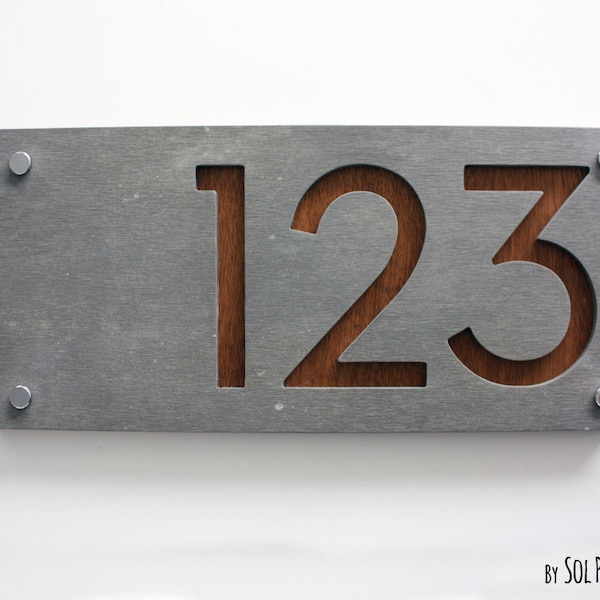 Modern House Numbers, Rectangle Concrete with Marine Plywood - Contemporary Home Address - Sign Plaque - Door Number