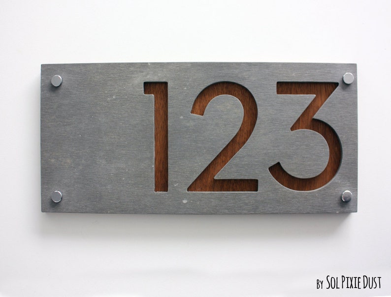 Modern House Numbers, Rectangle Concrete with Marine Plywood Contemporary Home Address Sign Plaque Door Number image 1