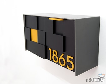 Boîte aux lettres avec façade 3D en acrylique noir, corps en aluminium gris métallisé et chiffres jaunes, boîte aux lettres murale personnalisée de design moderne de type 3