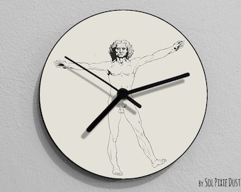 Funny Vitruvian Man 2, Leonardo da Vinci, Anatomy, Leonardo Da Vinci Drawing, Da Vinci Illustration,  - Wall Clock