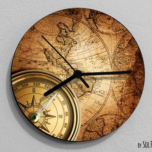 Vintage Weltkarte Kompass-Wanduhr