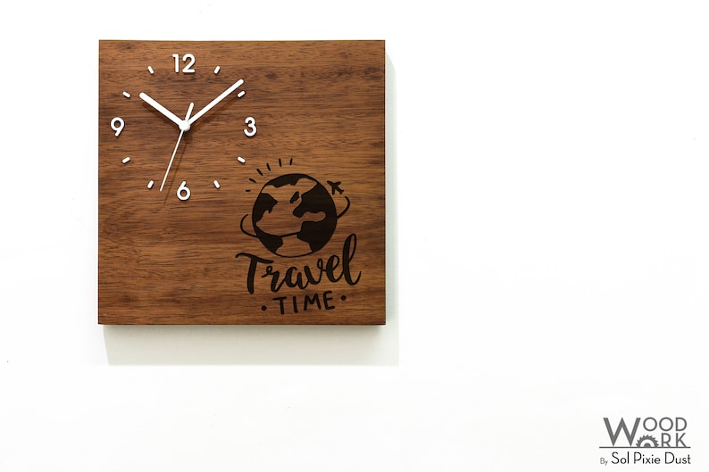 Solid Wood Wall Clock Travel Time Wood Laser Engraved Etsy