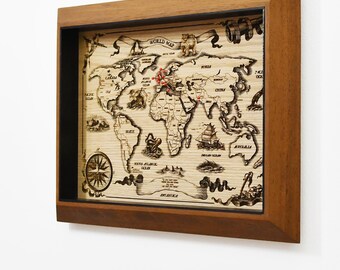 木製世界地図フォトフレームコラージュ – 幾何学模様の壁掛けアート