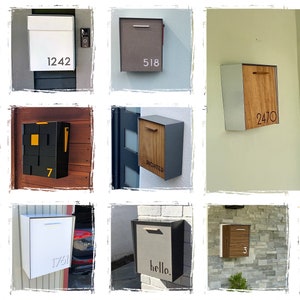 May include: A collage of 12 different mailbox designs. The mailboxes are made of various materials, including wood, metal, and plastic. They are all different colors and styles, and some have numbers or words on them. The mailboxes are all mounted on walls or fences.