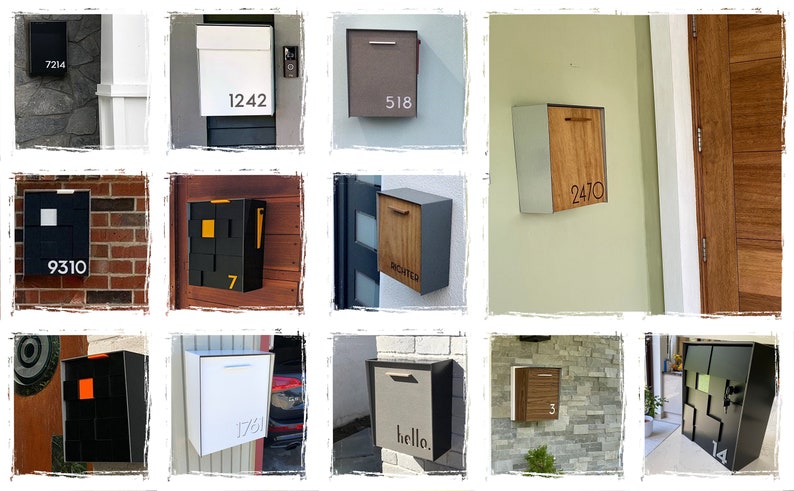 May include: A collage of 12 different mailbox designs. The mailboxes are made of various materials, including wood, metal, and plastic. They are all different colors and styles, and some have numbers or words on them. The mailboxes are all mounted on walls or fences.