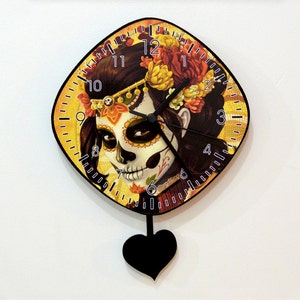 Day of the Dead Sugar Skull Catrina Calavera Makeup  - Pendulum Wall Clock