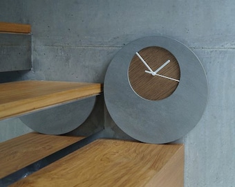 Concrete Circle Wall Clock With Wooden Hole - Modern Wall Clock - Contemporary - Minimalist Wall Art - Home Deco - Housewarming Gift Idea