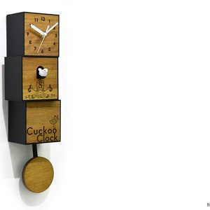 Modern Cuckoo Bird Clock - Solid Wood - Pendulum Wall Clock - Minimalist Wall Art - City Three-Story - Personalized - Custom Name - Initials