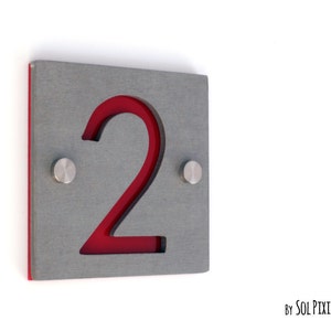Modern House Numbers, One Number Square Concrete with Red Acrylic - Contemporary Home Address -Sign Plaque - Door Number