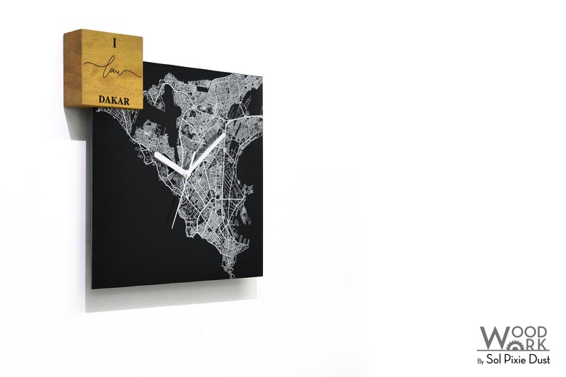 Wall Mount I love Dakar Laser Engraved City Road Map Custom Map Home Town Map Senegal Modern Square Black Aluminum Wall Clock