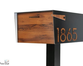 Extra Large Mailbox - Post Mounted - Aluminum Black Body with Red Oak Door & Numbers - Curbside - Modern Design - Custom Mailbox - Type 5