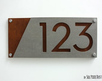 Modern House Numbers, Concrete with Marine Plywood - Contemporary Home Address - Sign Plaque - Door Number