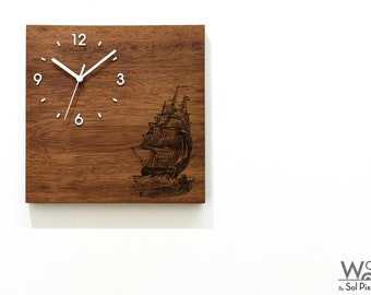 Solid Wood Wall Clock - Big Sailing Ship - Wood Laser Engraved - Massive Wood Iroko - African Teak - Contemporary Wall Mounted Clock