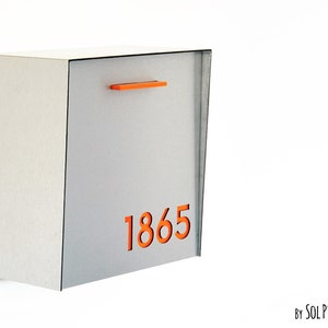 Mailbox with Aluminum Brush Silver Face and Body and Orange Acrylic Number, Modern Design, Custom Mailbox, Wall Mounted Mailbox, Type 1