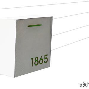 Briefkasten mit Betonfläche (Tür), weißem Aluminiumkörper und grünem Acryl, benutzerdefinierter Briefkasten im modernen Stil, an der Wand montierter Briefkasten, Mailnest Typ 1