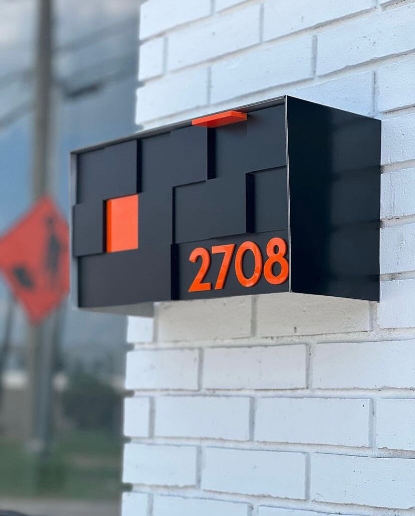 Mailbox with 3d Black Acrylic Face, Aluminum Black Body and Orange number Modern Design Custom Mailbox Wall Mounted Mailbox, Mailnest Type 3