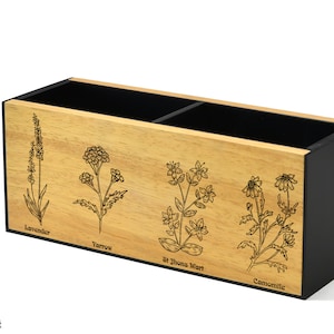 Werkzeughalter aus Holz - Werkzeughalter - Personalisiertes Geschenk - Teezeit - Botanisch - Kräuter Dekor - Pflanztopf Holz - Küchenkräuter Pflanzentopf