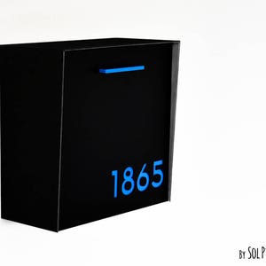 Mailbox with Aluminum Black Face and Body and Blue Acrylic numbers, Modern Design, Custom Mailbox, Wall Mounted Mailbox, Mailnest Type 1