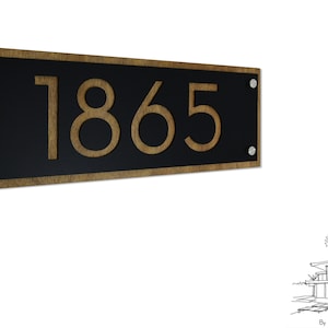 Moderne Hausnummern, rechteckige, gerahmte, mattschwarze Hausnummern aus Acryl mit dunklem Eichensperrholz - zeitgenössische Hausadresse - Schild - Türnummer