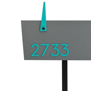 Contemporary Post Mounted Mailbox, Aluminum Metallic Gray Body and Ocean Green Door and Number, Modern Design Custom Mailbox Mailnest Type 4 image 2