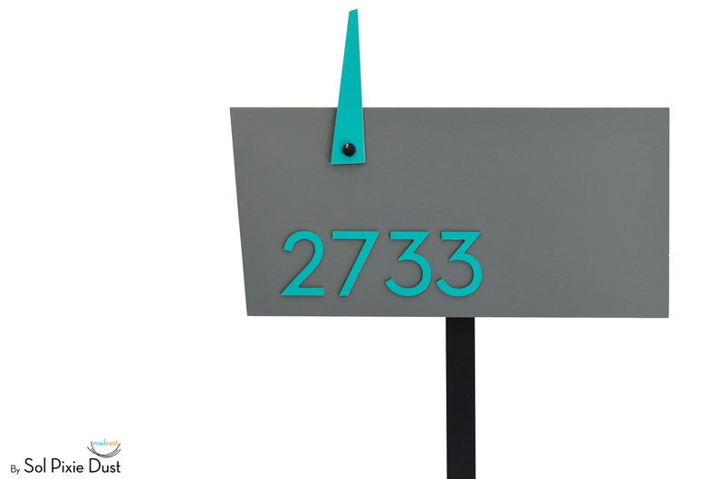 Contemporary Post Mounted Mailbox, Aluminum Metallic Gray Body and Ocean Green Door and Number, Modern Design Custom Mailbox Mailnest Type 4 image 2