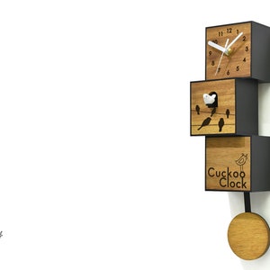 Modern Cuckoo Bird Clock - Solid Wood - Pendulum Wall Clock - Minimalist Wall Art - City Three-Story - Contemporary Deco - Birds on Wire
