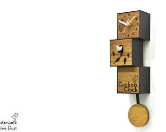 Modern Cuckoo Bird Clock - Solid Wood - Pendulum Wall Clock - Minimalist Wall Art - City Three-Story - Contemporary Deco - Birds on Wire