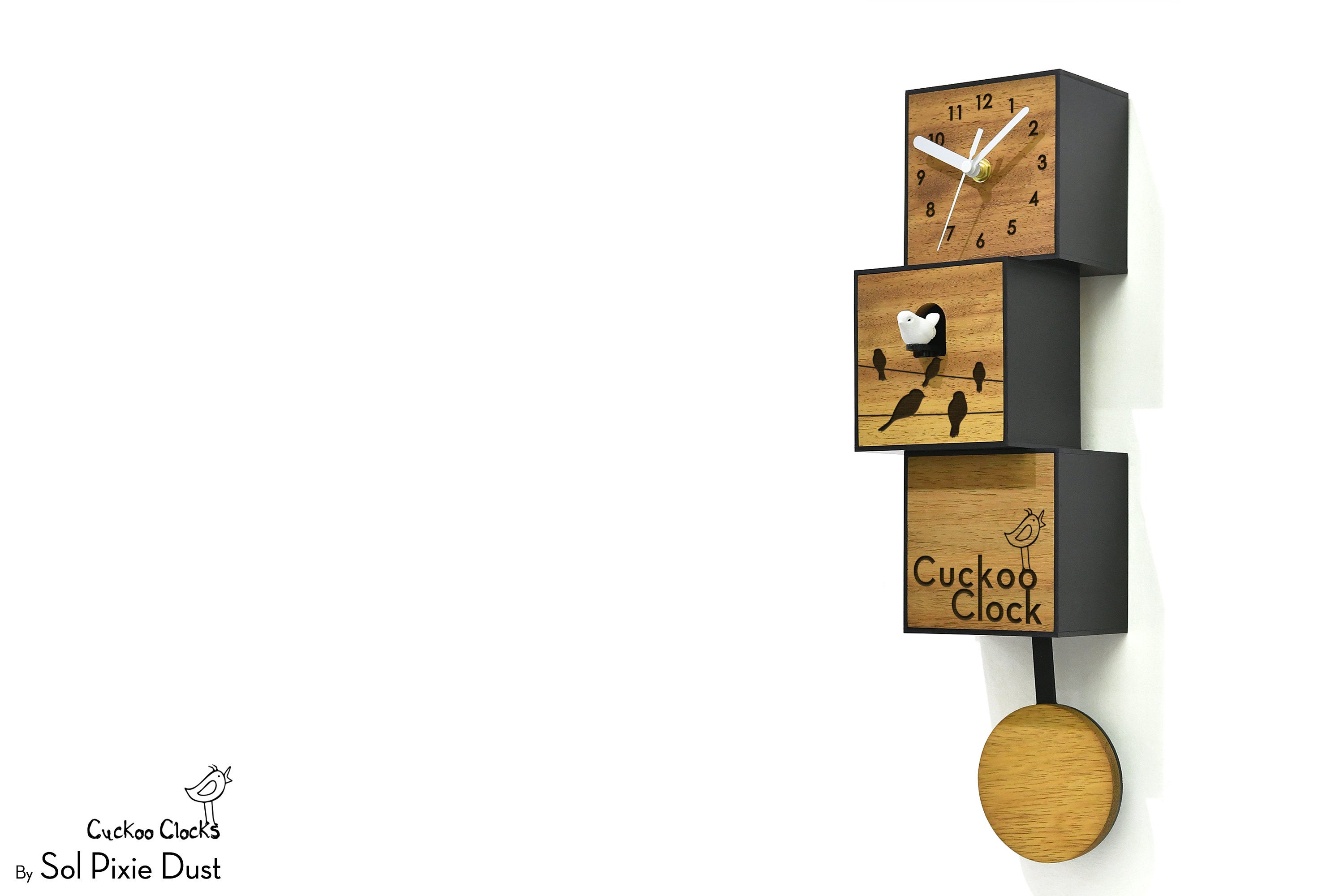 Modern Cuckoo Bird Clock - Solid Wood Pendulum Wall Minimalist Art City Three-story Contemporary Deco Birds On Wire