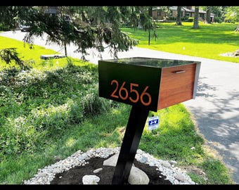 Extra Large Post Mounted Mailbox – Aluminum Black Body with Red Oak Door & Numbers | Modern Curbside Mailbox – Type 5