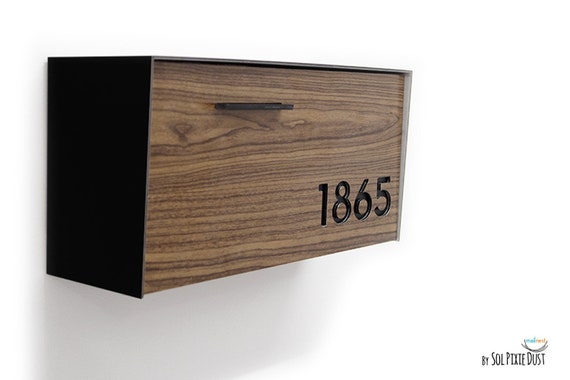 Mailbox with Aluminium Wood Walnut Face, Black Aluminum Body and Black Acrylic Numbers, Custom Mailbox, Wall Mounted Mailbox, Type 3