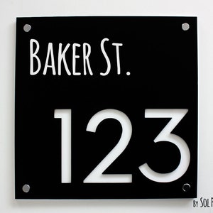 Modern House Numbers, Square Black with White Acrylic - Contemporary Home Address - Sign Plaque - Door Number