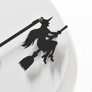 Unique Minimalist Wall Clock - White & Black with Hanging Halloween Witch - Unique Gift Ideas - Customizable Colors - Spooky Room Decor