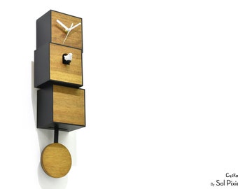 Modern Cuckoo Bird Clock - Solid Wood - Pendulum Wall Clock - Minimalist Wall Art - City Three-Story - Contemporary Deco - Unique & Simple