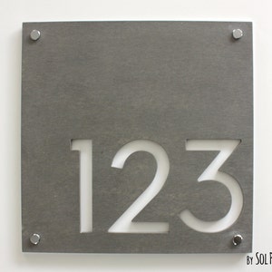 Modern House Numbers, Square Concrete with White Acrylic Contemporary Home Address Sign Plaque Door Number image 1