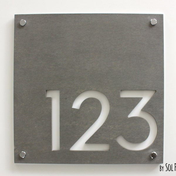 Modern House Numbers, Square Concrete with White Acrylic - Contemporary Home Address - Sign Plaque - Door Number