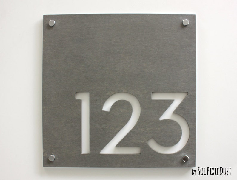 Modern House Numbers, Square Concrete with White Acrylic Contemporary Home Address Sign Plaque Door Number image 1