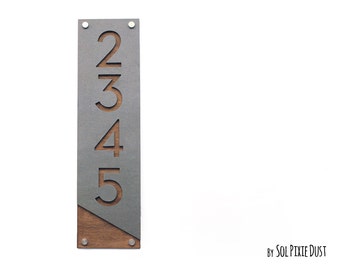 Modern House Numbers, Concrete  with Wood - Vertical - Contemporary Home Address -Sign Plaque - Door Number