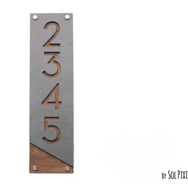 Modern House Numbers, Concrete  with Wood - Vertical - Contemporary Home Address -Sign Plaque - Door Number