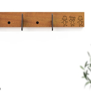 Wall Mount Wooden Hook Rack - Personalized Name Laser Engraving - Wall Hook - Clothing Hanger - Nursery - Kids - Children Room - Hand Draw